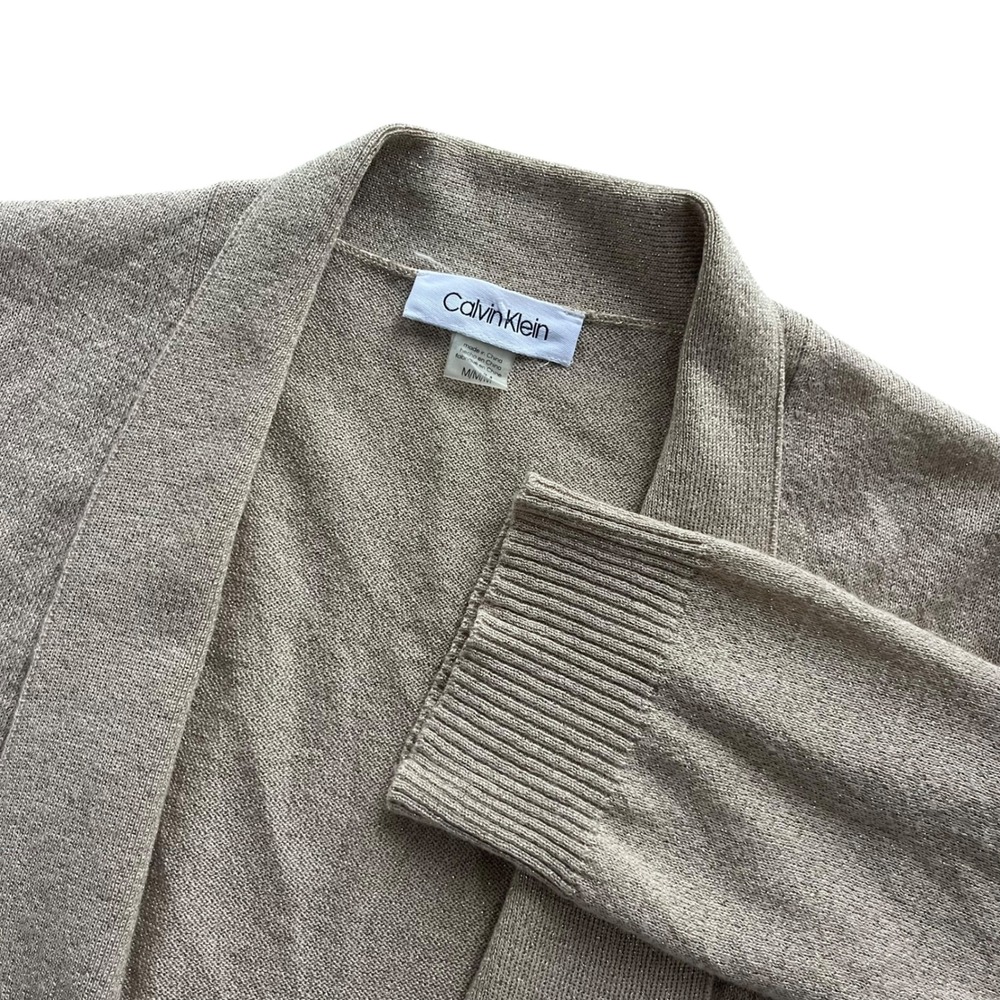 Calvin Klein Womens M Beige Gold Metallic Knit Open Front Bolero Cardigan Preppy